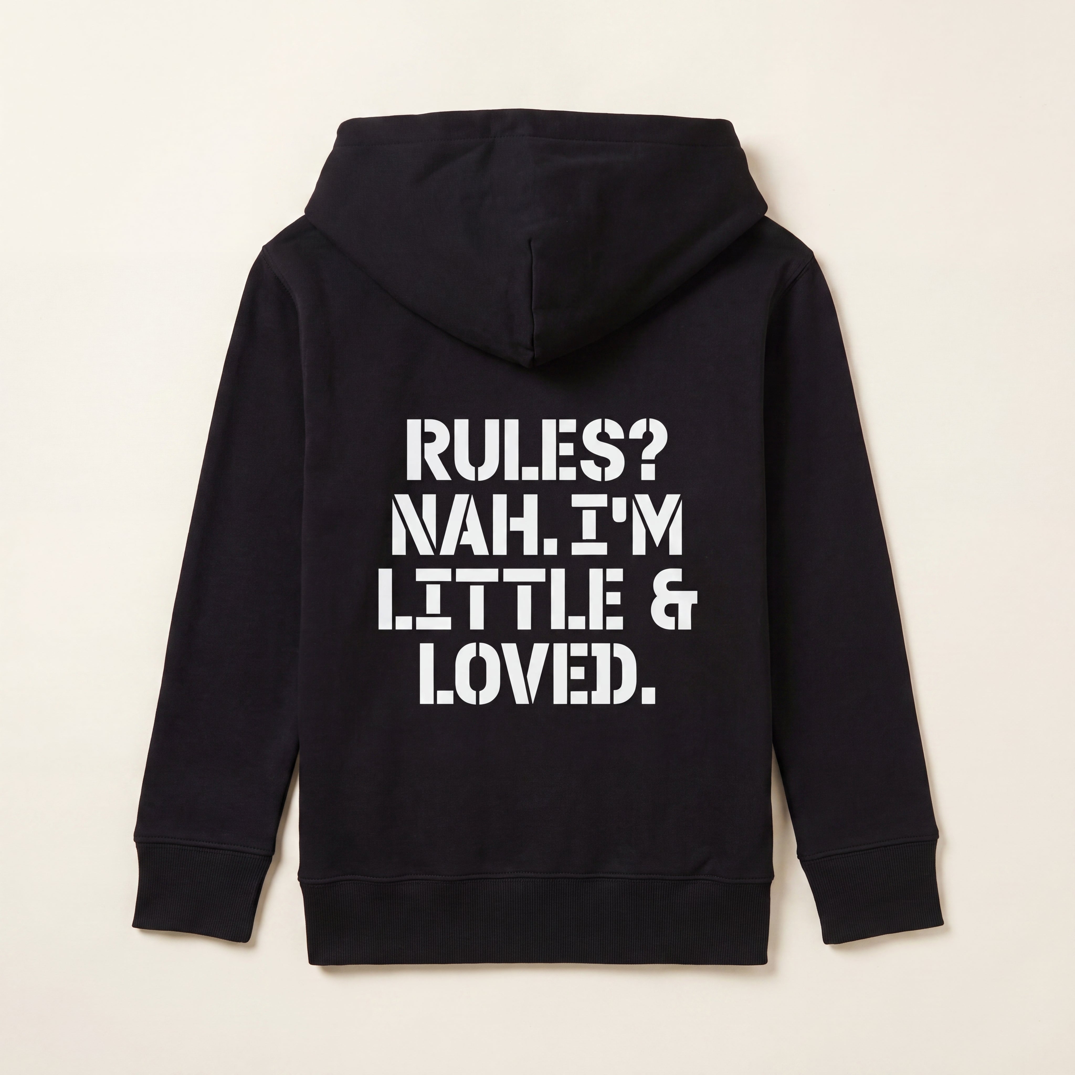 RULES? NAH. I'M LITTLE & LOVED. – Hoodie – Packshot Rücken (schwarz)