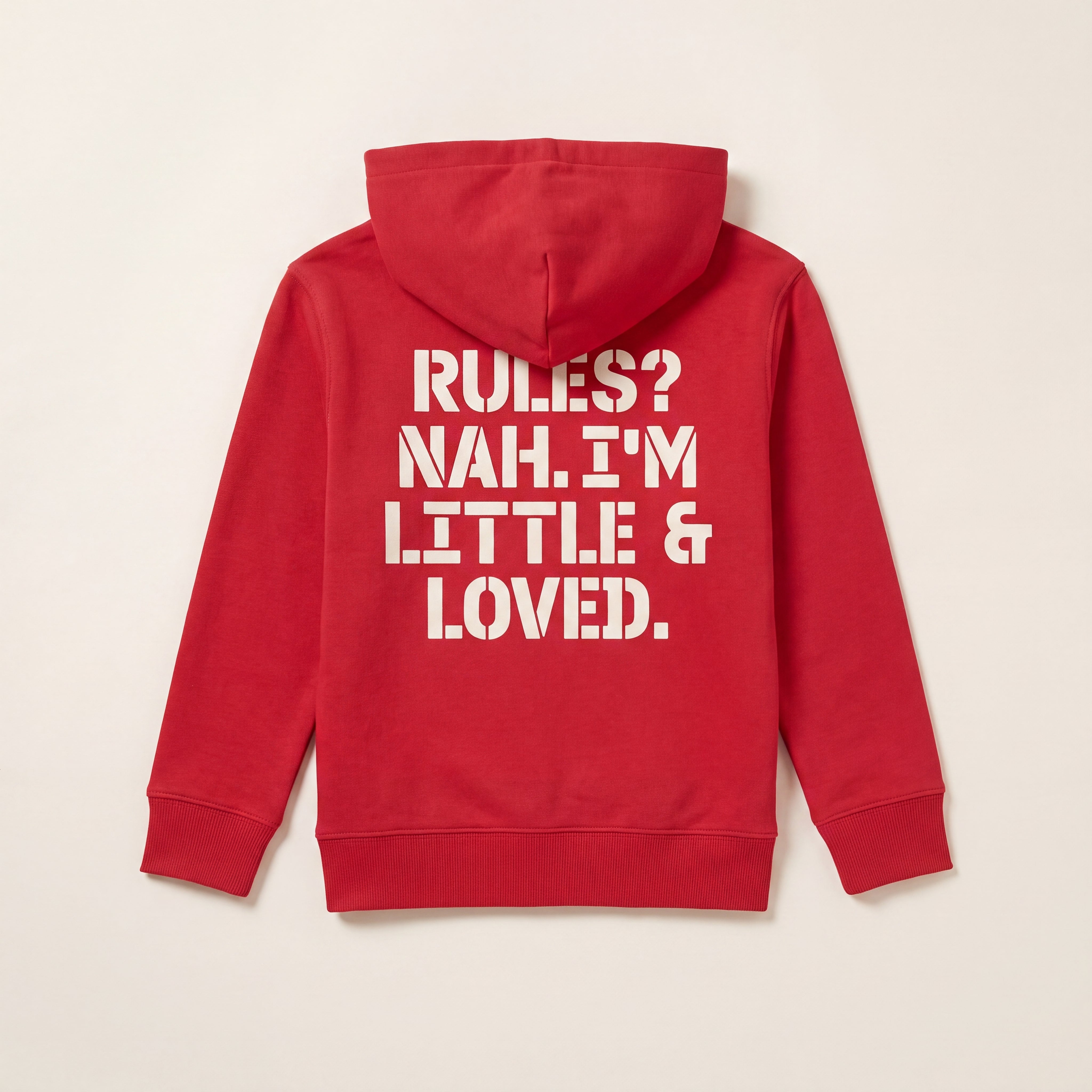 RULES? NAH. I'M LITTLE & LOVED. – Hoodie – Packshot Rücken (rot)