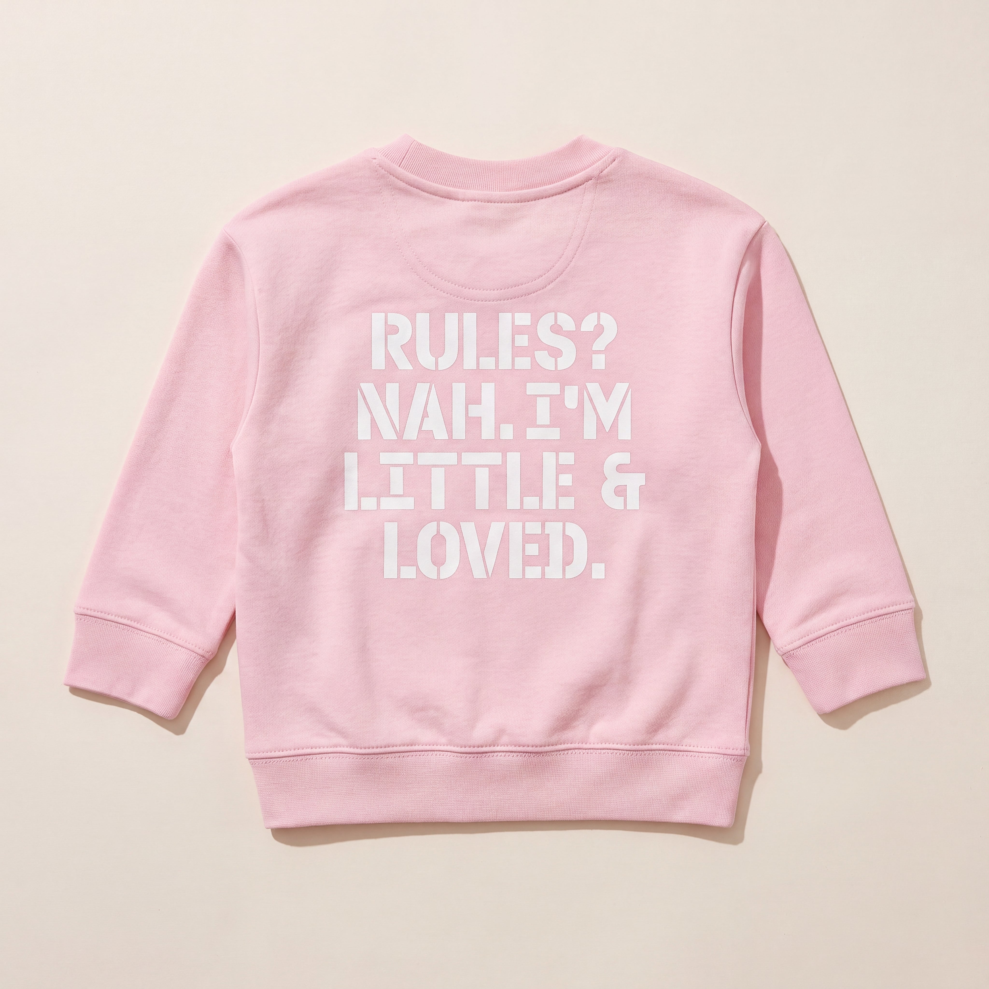 RULES? NAH. I'M LITTLE & LOVED. – Sweatshirt – Packshot Baby Rücken (pink)
