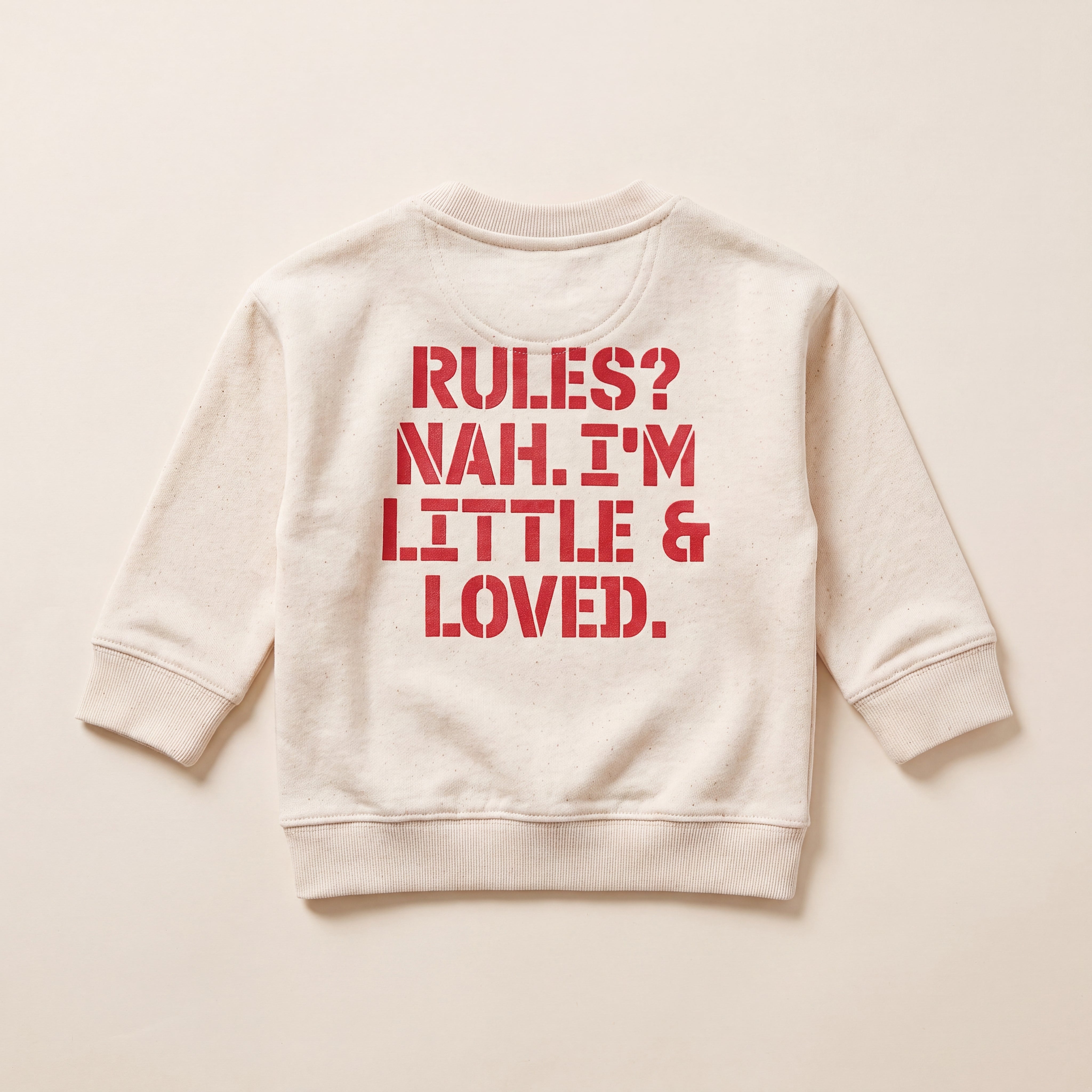 RULES? NAH. I'M LITTLE & LOVED. – Sweatshirt – Packshot Baby Rücken (off-white)