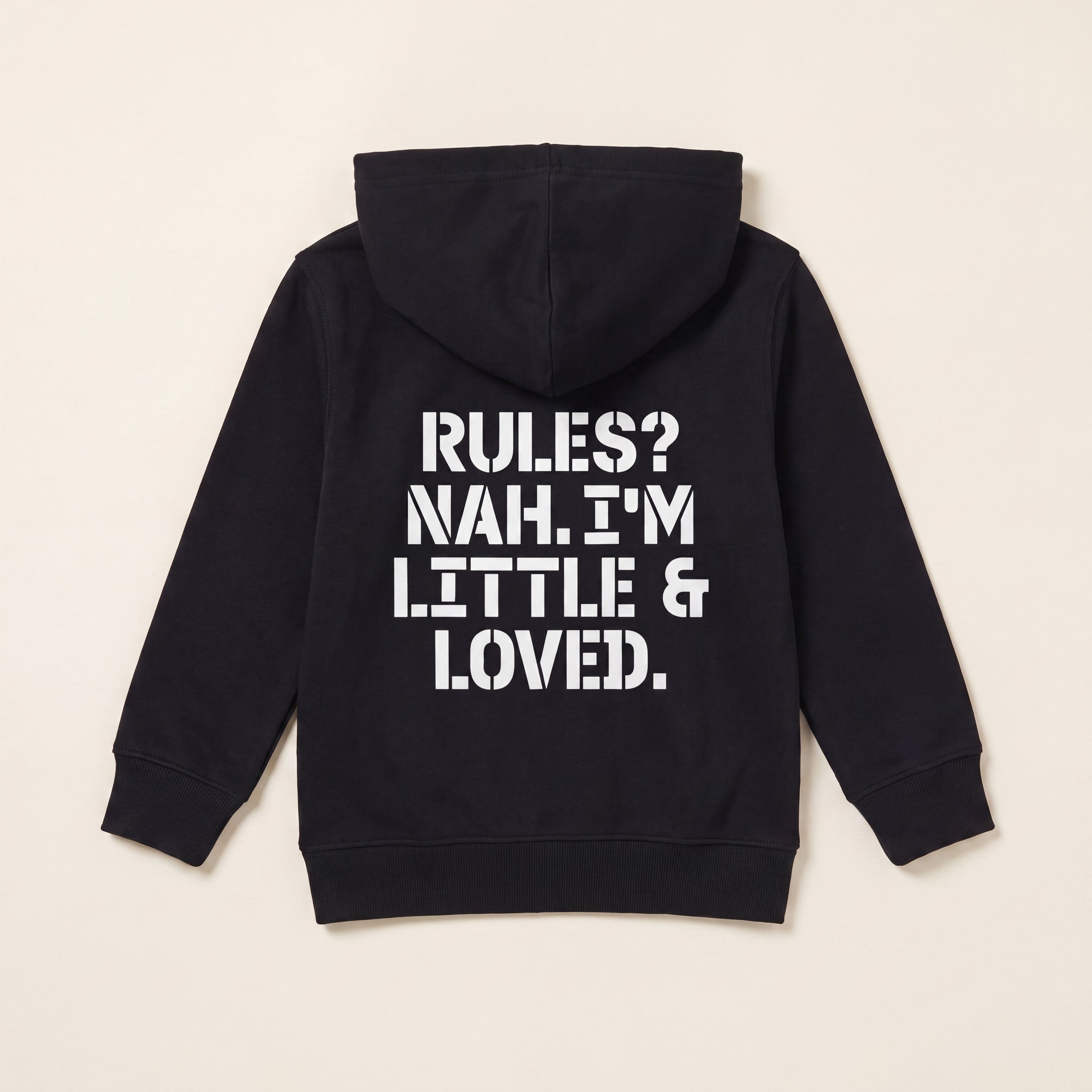 RULES? NAH. I'M LITTLE & LOVED. – Zip-Hoodie – Packshot Baby Rücken (schwarz)