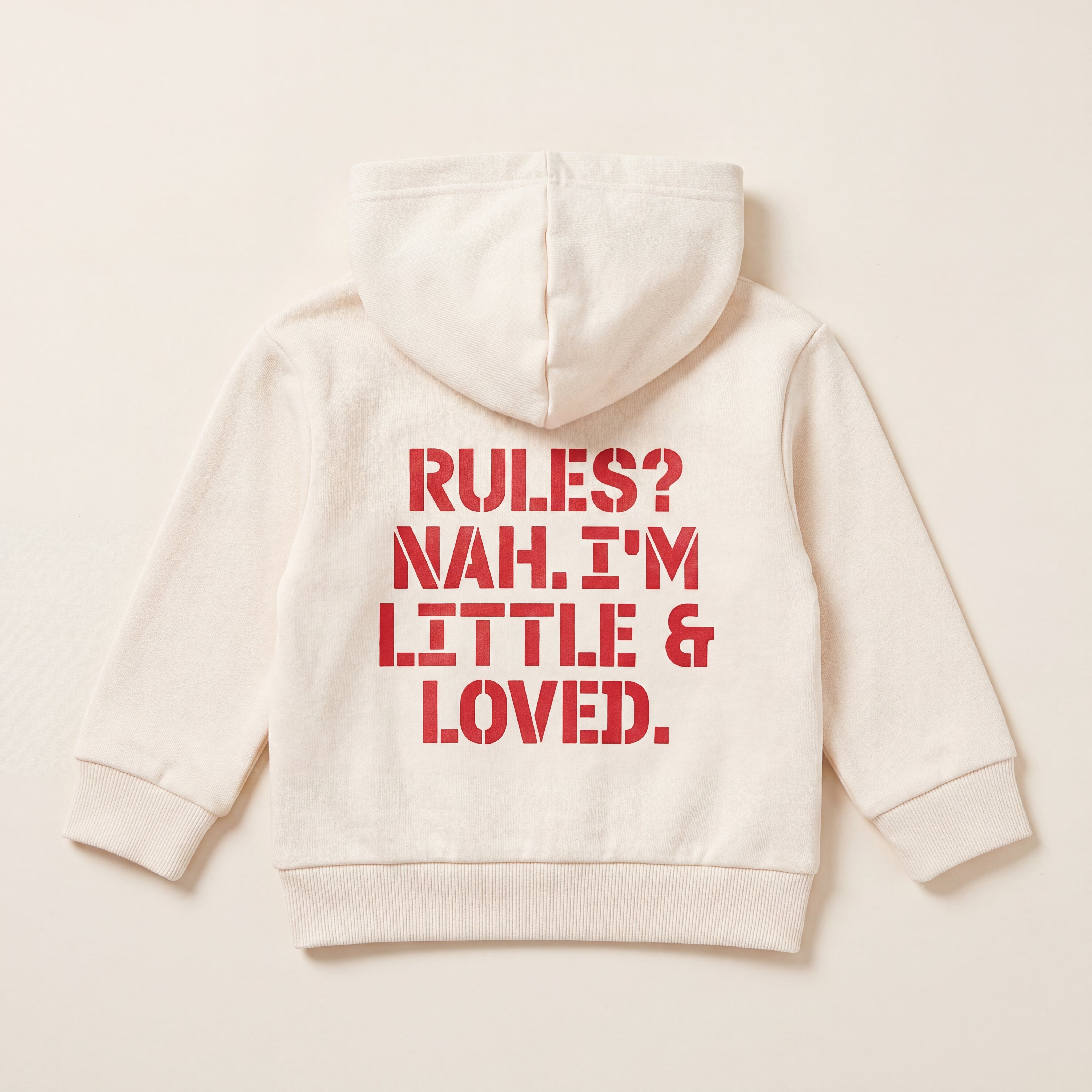 RULES? NAH. I'M LITTLE & LOVED. – Zip-Hoodie – Packshot Baby Rücken (off-white)