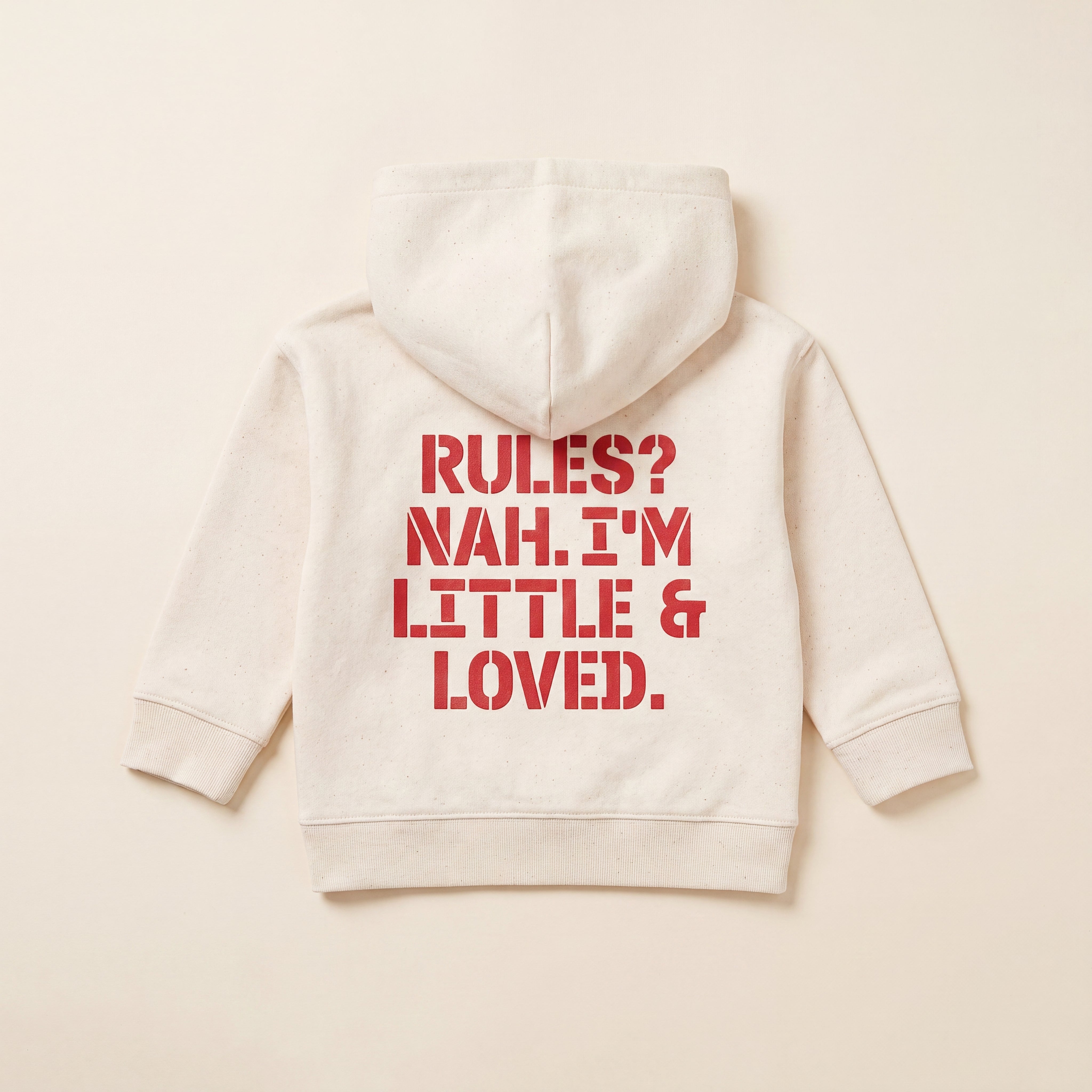 RULES? NAH. I'M LITTLE & LOVED. – Hoodie – Packshot Baby Rücken (off-white)