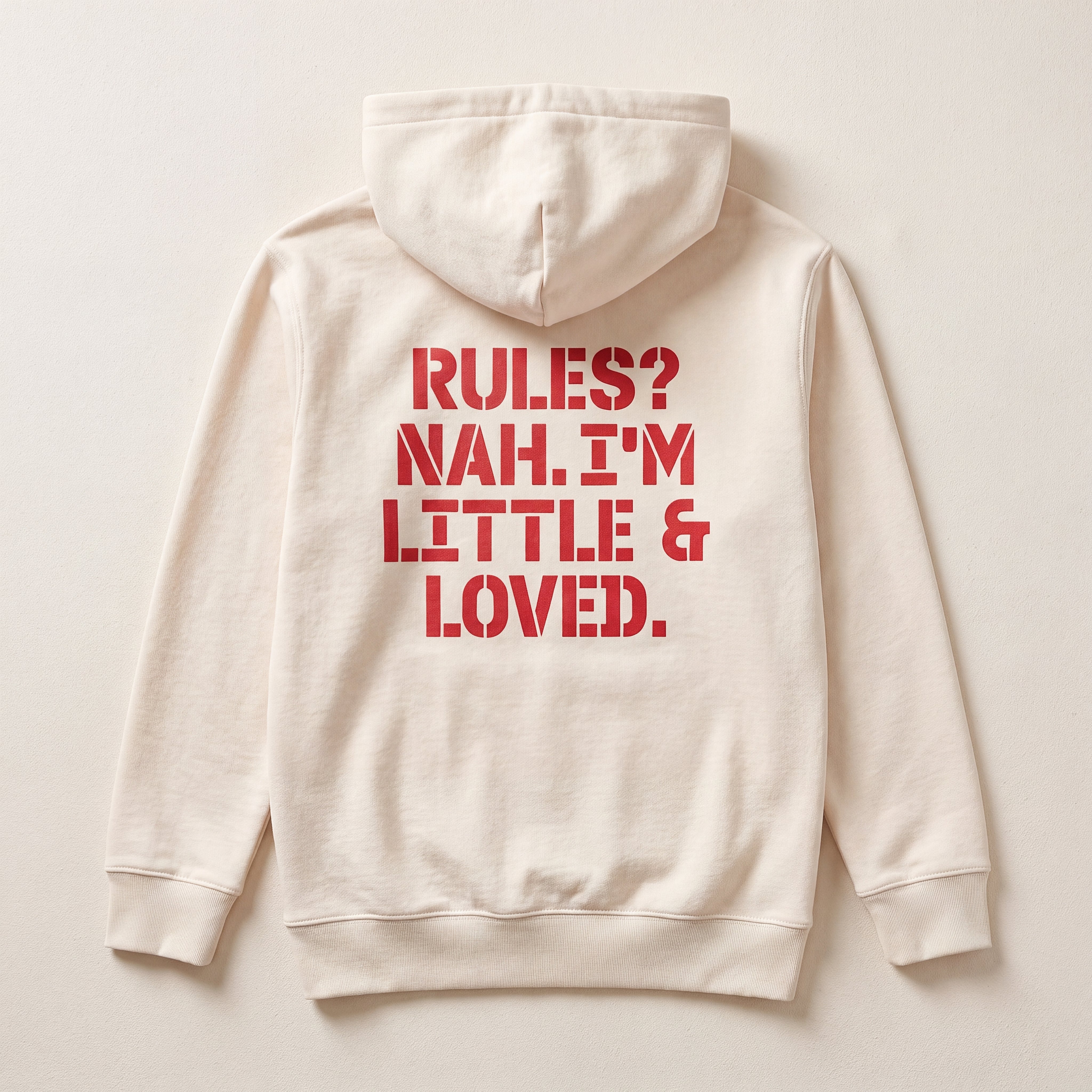 RULES? NAH. I'M LITTLE & LOVED. – Hoodie – Packshot Rücken (off-white)