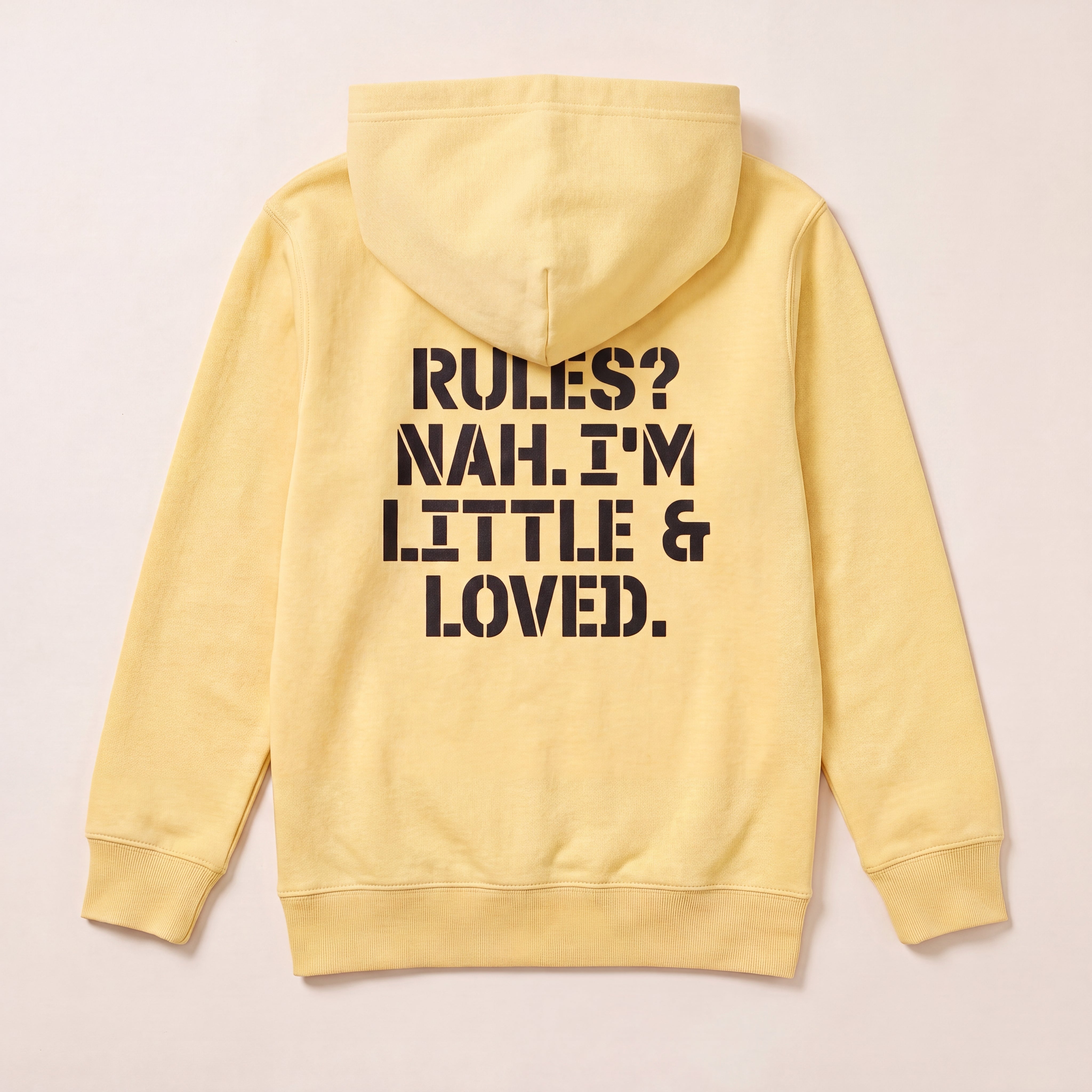 RULES? NAH. I'M LITTLE & LOVED. – Hoodie – Packshot Baby Rücken (butter)