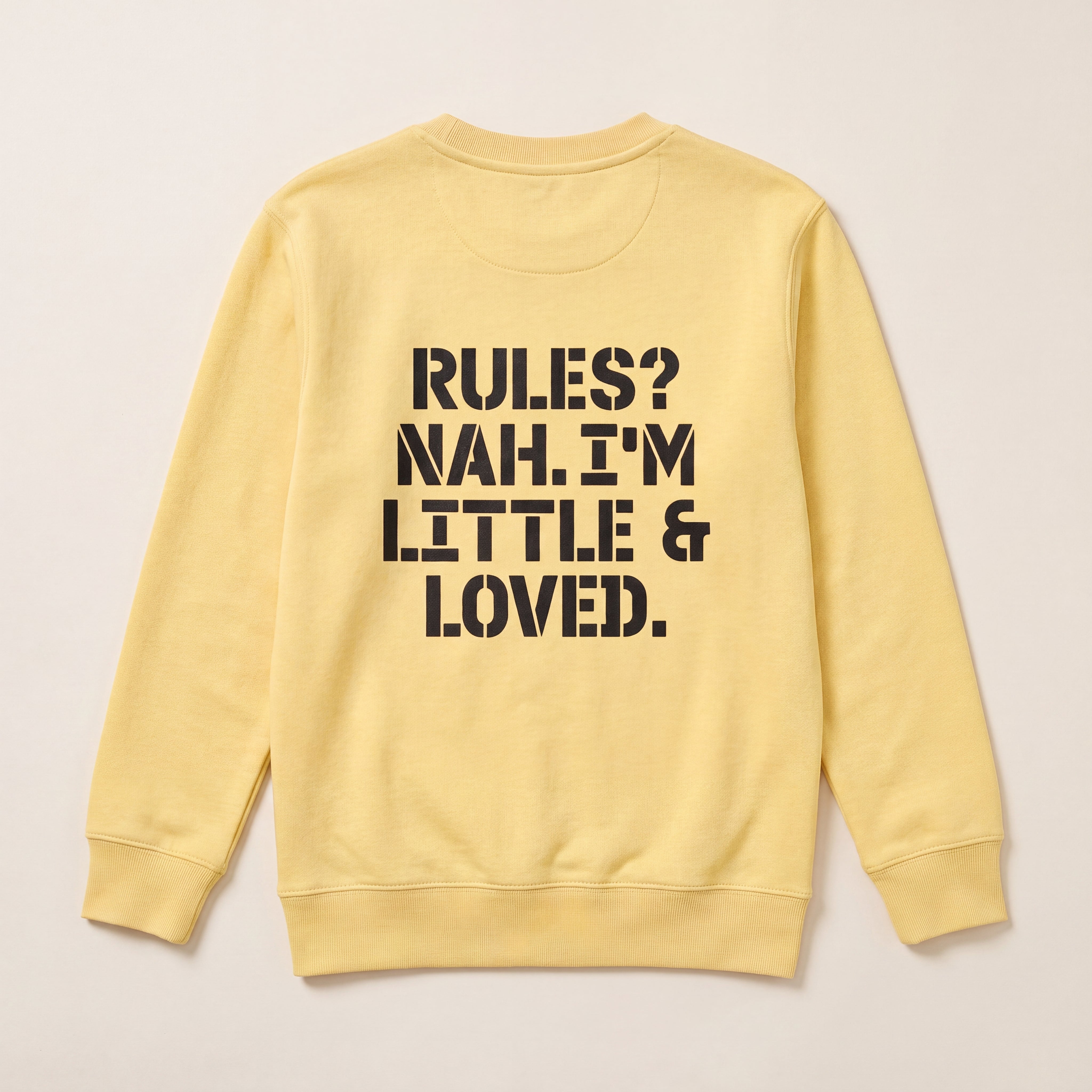 RULES? NAH. I'M LITTLE & LOVED. – Sweatshirt – Packshot Rücken (viva)