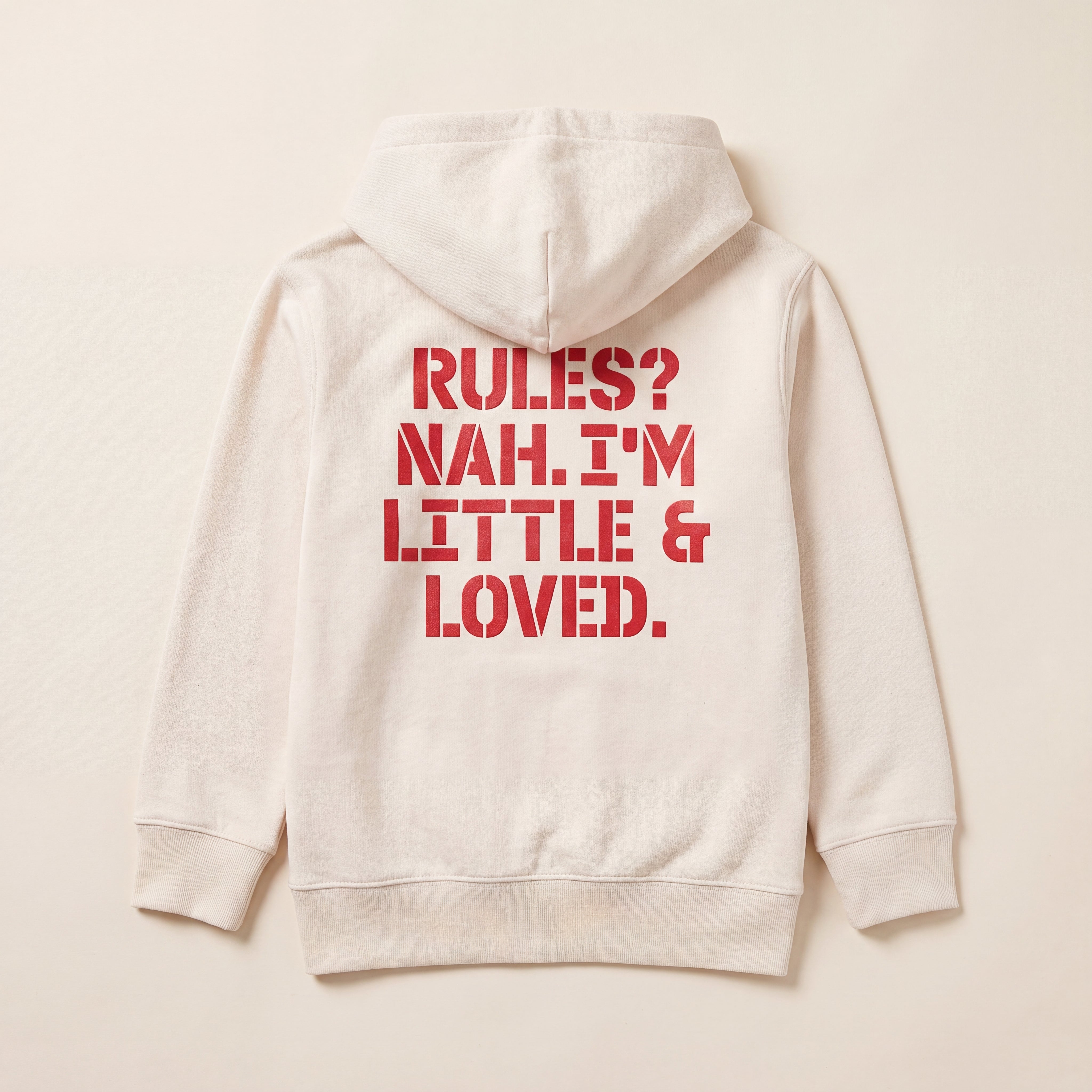 RULES? NAH. I'M LITTLE & LOVED. – Zip-Hoodie – Packshot Rücken (off-white)